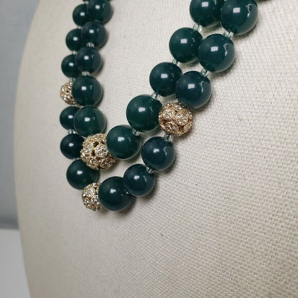 Vintage Talbots Green Bead Rhinestone Ball Two Strand 26" Necklace NWT - Picture 8 of 15